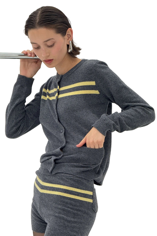 Cashmere Wool Stripe Cardigan in Charcoal/Butter